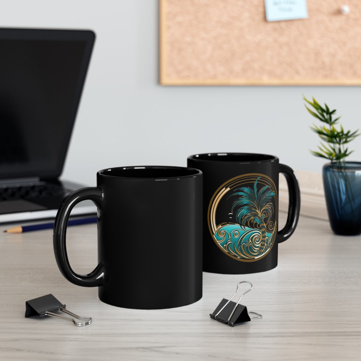 Tropical coffee cup SR logo teal gold shine