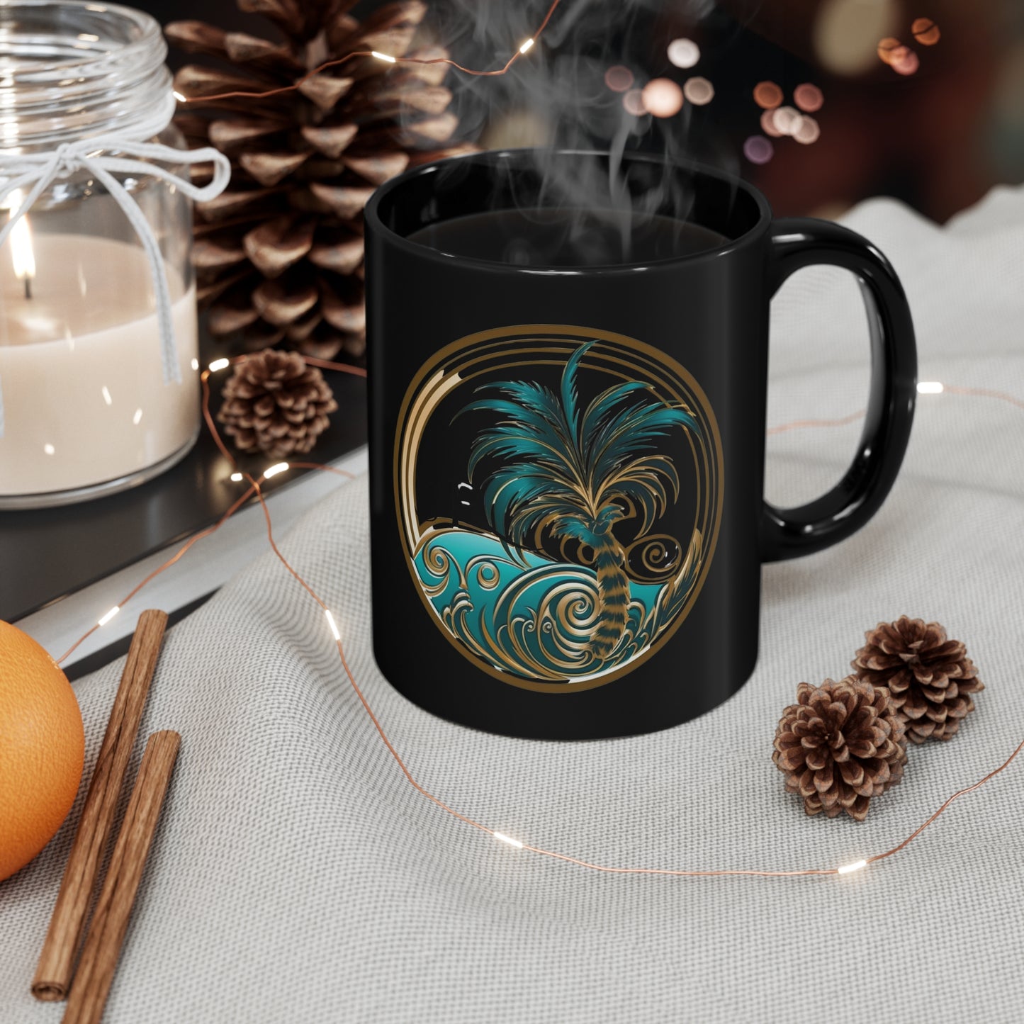 Tropical coffee cup SR logo teal gold shine