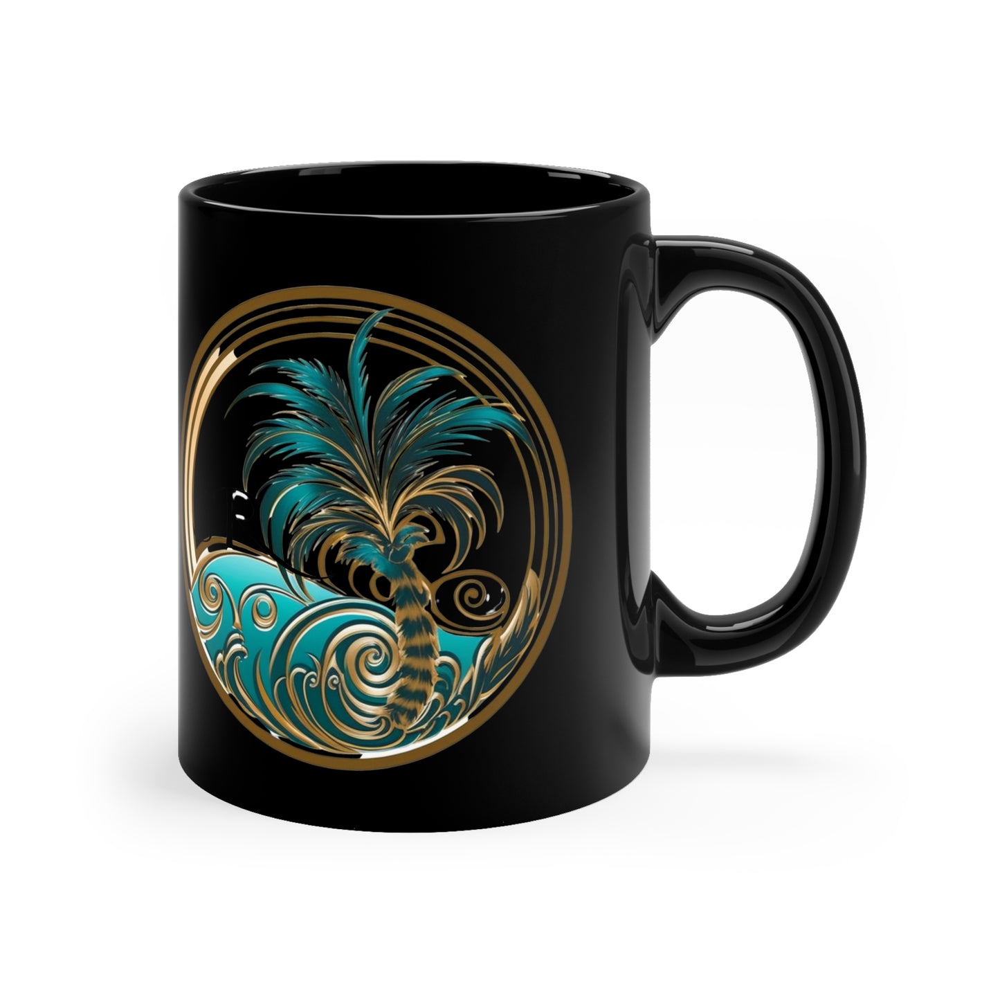 Tropical coffee cup SR logo teal gold shine