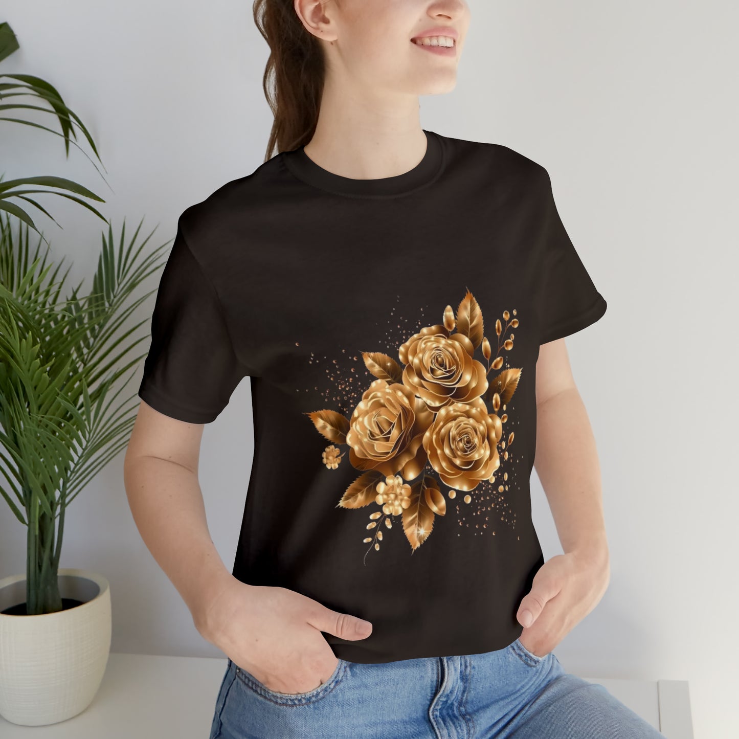 Enchanting Golden Flowers T-Shirt  Radiance Blossom Collection. perfect gift for elegant art lover.