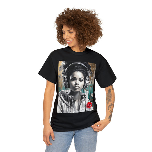 Lady headphones, SRstudiosUS SR life tshirt, gorgeous woman listening to music, spray art style.