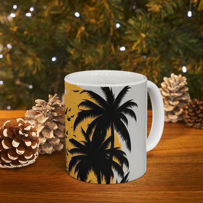 White tropical print, palm trees, yellow sun, Ceramic Mug 11oz perfect gift for everyone.