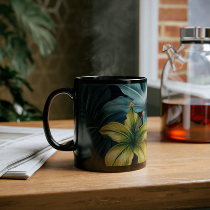 Tropical flowers, jungle print, teal, and gold, 11oz Black Mug perfect for gift or own enjoyment.