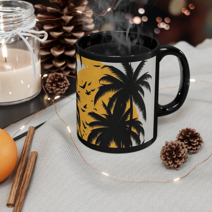 Black tropical print palm trees, yellow and white 11oz. Black Mug gifts for everyone