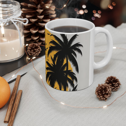 White tropical print, palm trees, yellow sun, Ceramic Mug 11oz perfect gift for everyone.