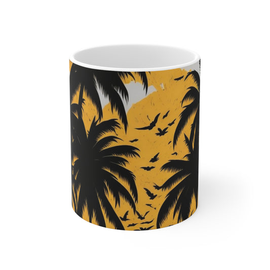 White tropical print, palm trees, yellow sun, Ceramic Mug 11oz perfect gift for everyone.