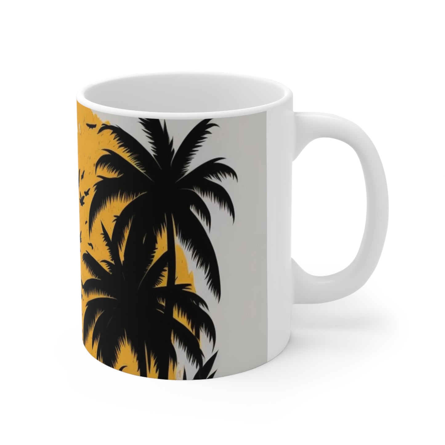 White tropical print, palm trees, yellow sun, Ceramic Mug 11oz perfect gift for everyone.