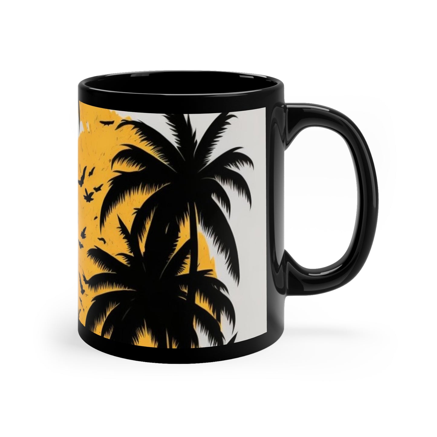 Black tropical print palm trees, yellow and white 11oz. Black Mug gifts for everyone