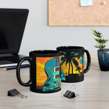 Tiki, Hawaiian Tropical blues guitar print on a Black Mug. gifts for everyone