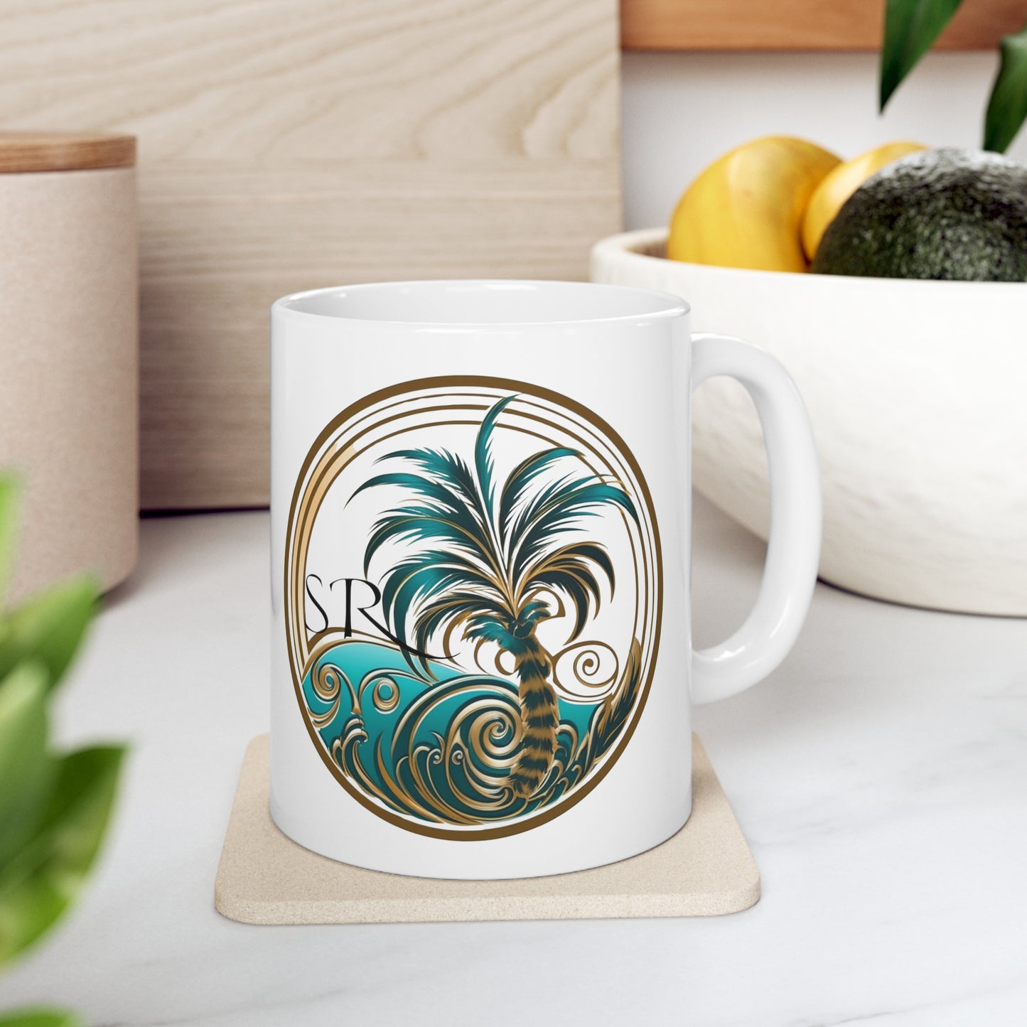 Tropical coffee cup. White SR logo