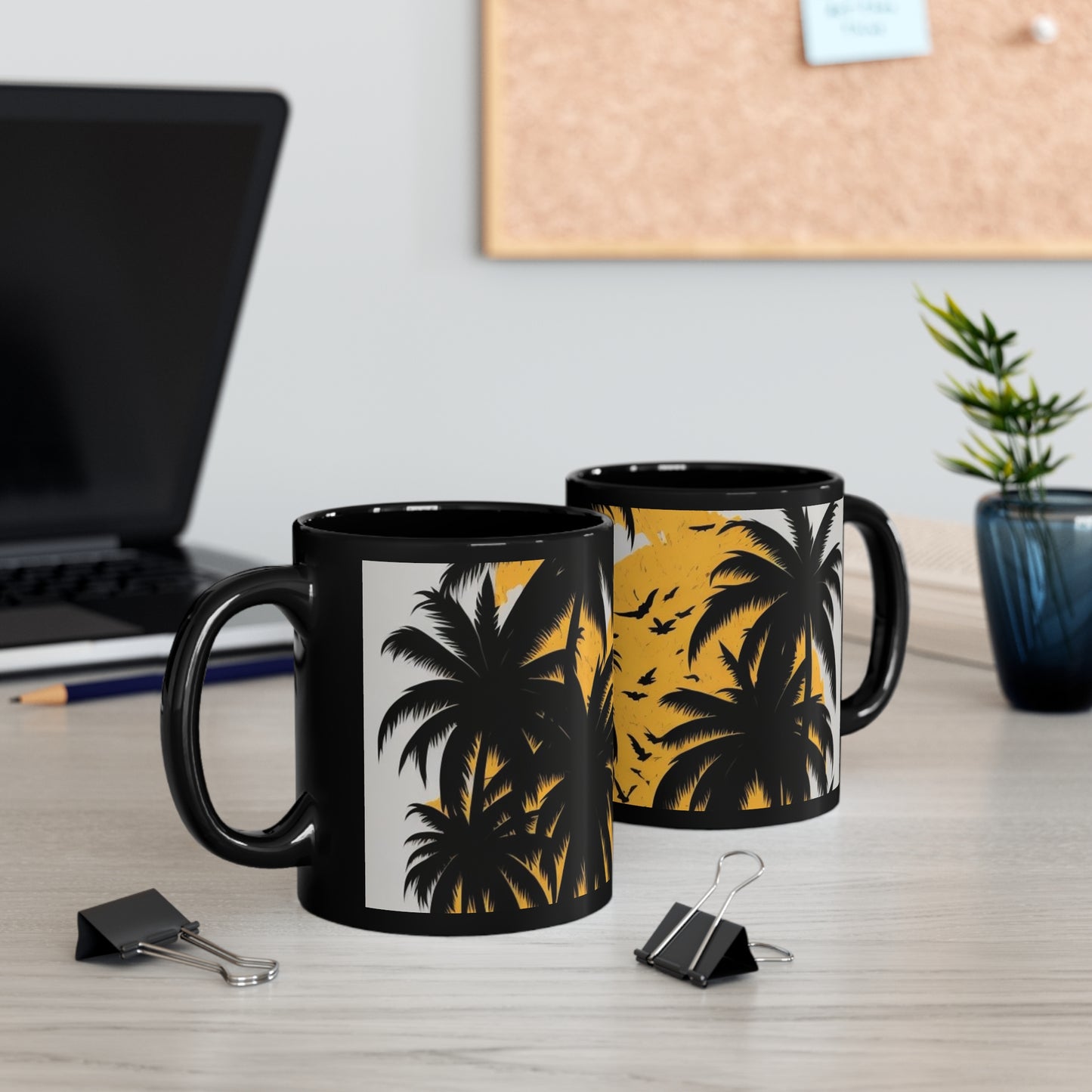 Black tropical print palm trees, yellow and white 11oz. Black Mug gifts for everyone