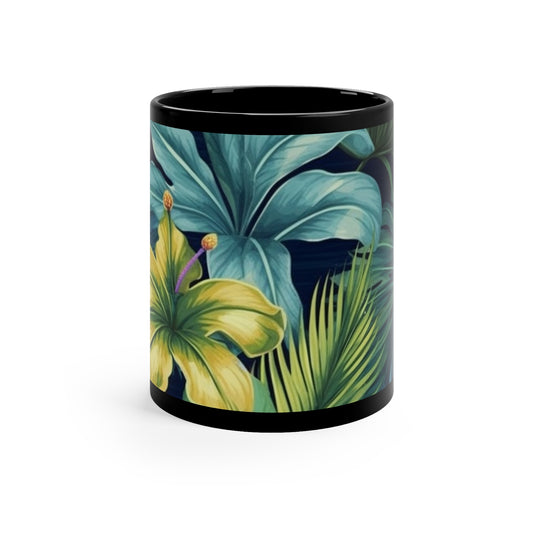 Tropical flowers, jungle print, teal, and gold, 11oz Black Mug perfect for gift or own enjoyment.