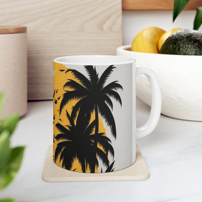 White tropical print, palm trees, yellow sun, Ceramic Mug 11oz perfect gift for everyone.