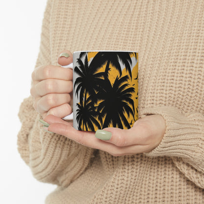 White tropical print, palm trees, yellow sun, Ceramic Mug 11oz perfect gift for everyone.