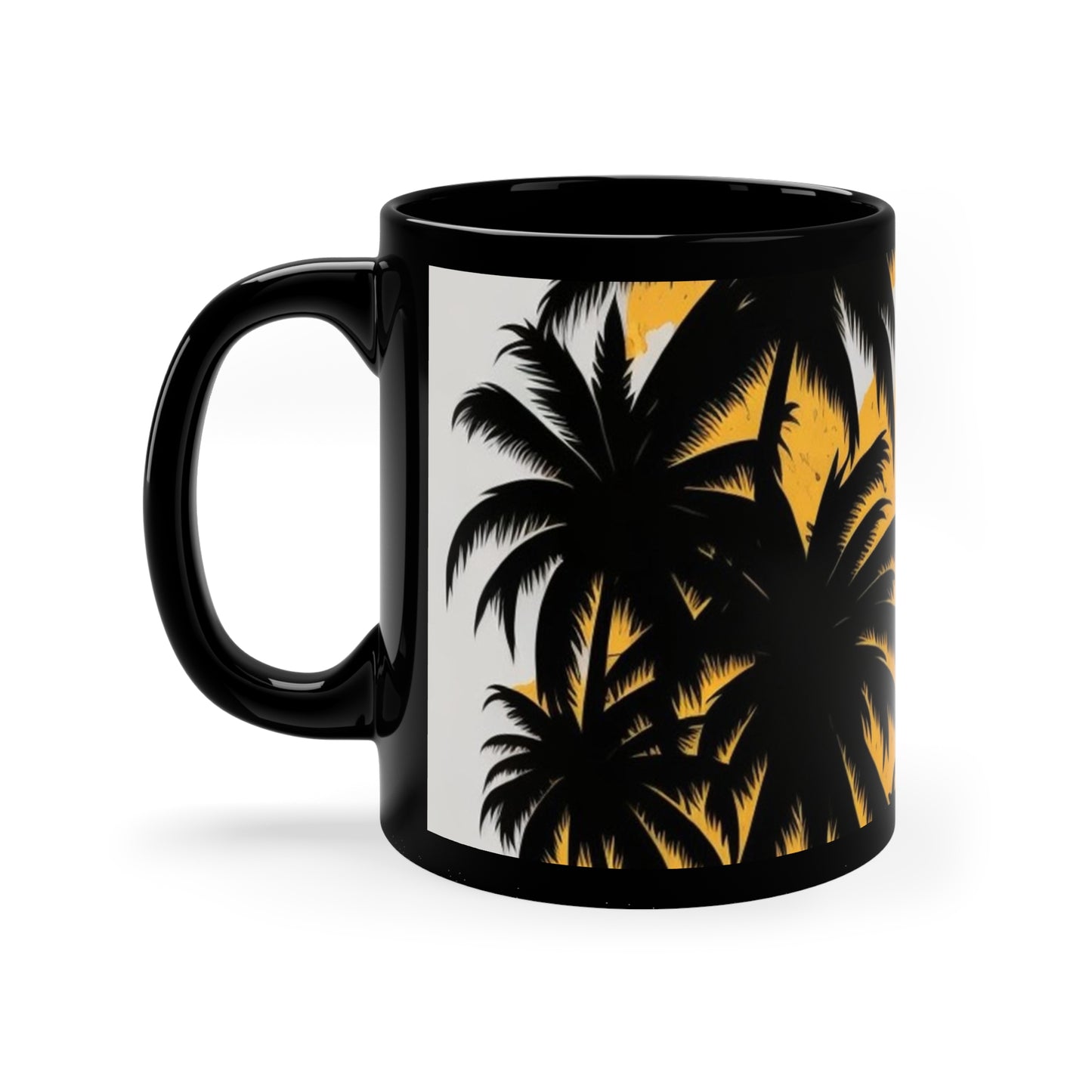 Black tropical print palm trees, yellow and white 11oz. Black Mug gifts for everyone