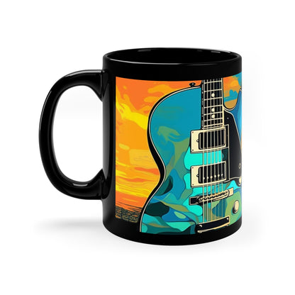 Tiki, Hawaiian Tropical blues guitar print on a Black Mug. gifts for everyone