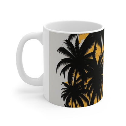 White tropical print, palm trees, yellow sun, Ceramic Mug 11oz perfect gift for everyone.