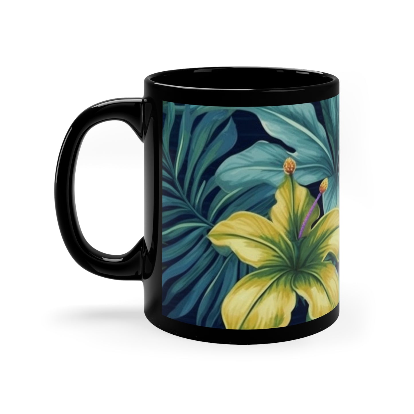 Tropical flowers, jungle print, teal, and gold, 11oz Black Mug perfect for gift or own enjoyment.