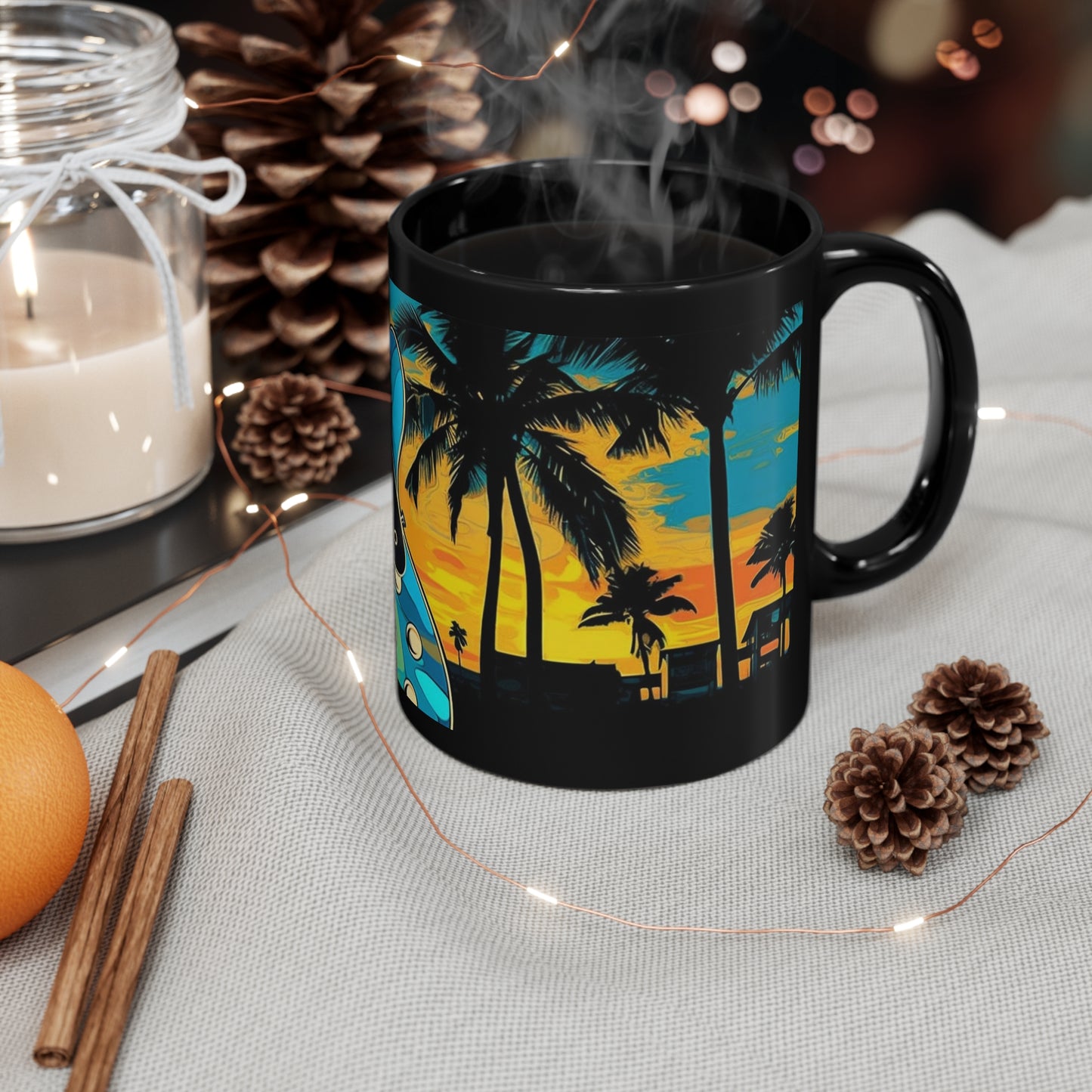 Tiki, Hawaiian Tropical blues guitar print on a Black Mug. gifts for everyone