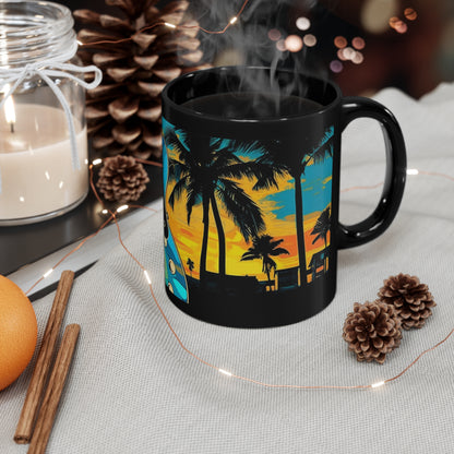 Tiki, Hawaiian Tropical blues guitar print on a Black Mug. gifts for everyone