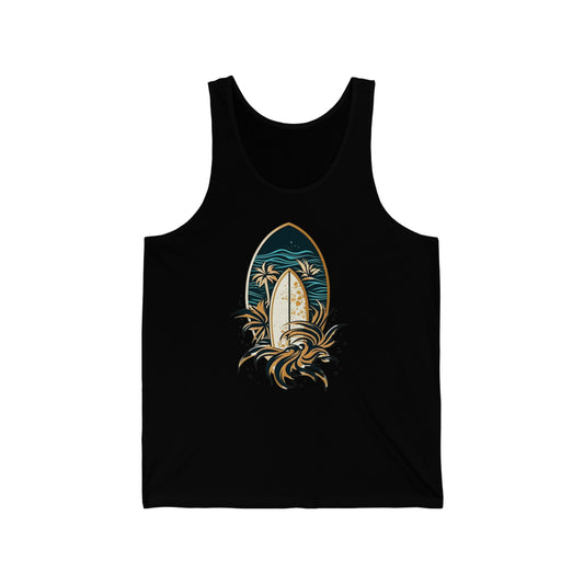 surfboard in a tropical island tank top