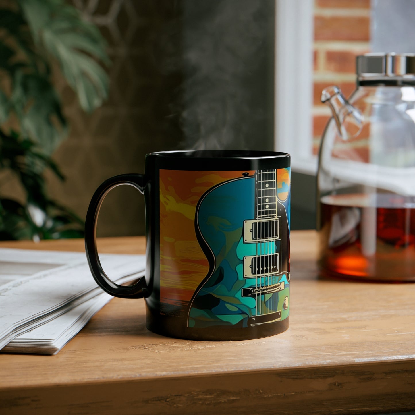 Tiki, Hawaiian Tropical blues guitar print on a Black Mug. gifts for everyone