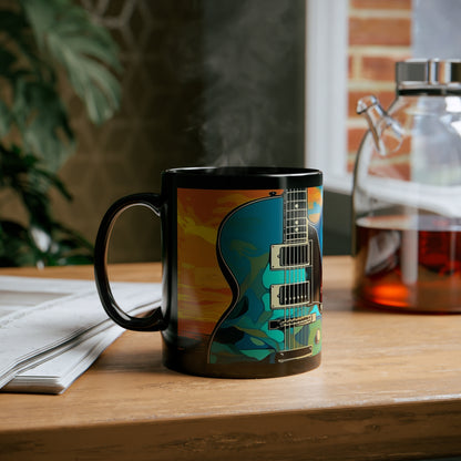 Tiki, Hawaiian Tropical blues guitar print on a Black Mug. gifts for everyone