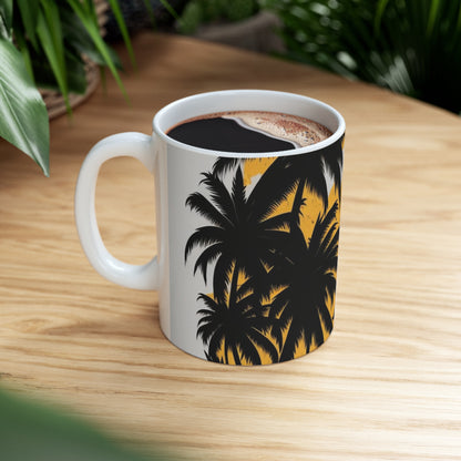 White tropical print, palm trees, yellow sun, Ceramic Mug 11oz perfect gift for everyone.