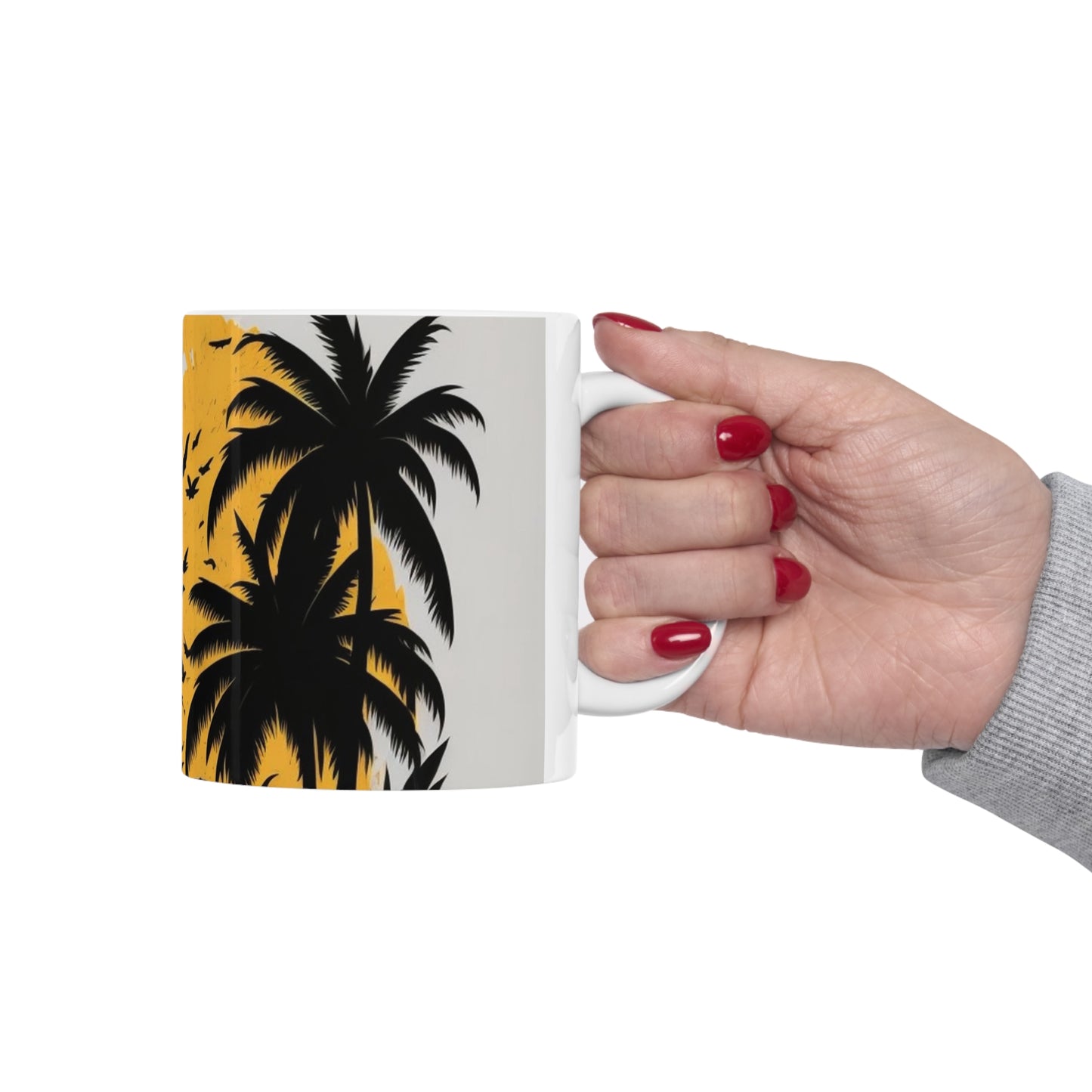 White tropical print, palm trees, yellow sun, Ceramic Mug 11oz perfect gift for everyone.