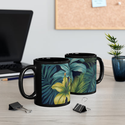 Tropical flowers, jungle print, teal, and gold, 11oz Black Mug perfect for gift or own enjoyment.