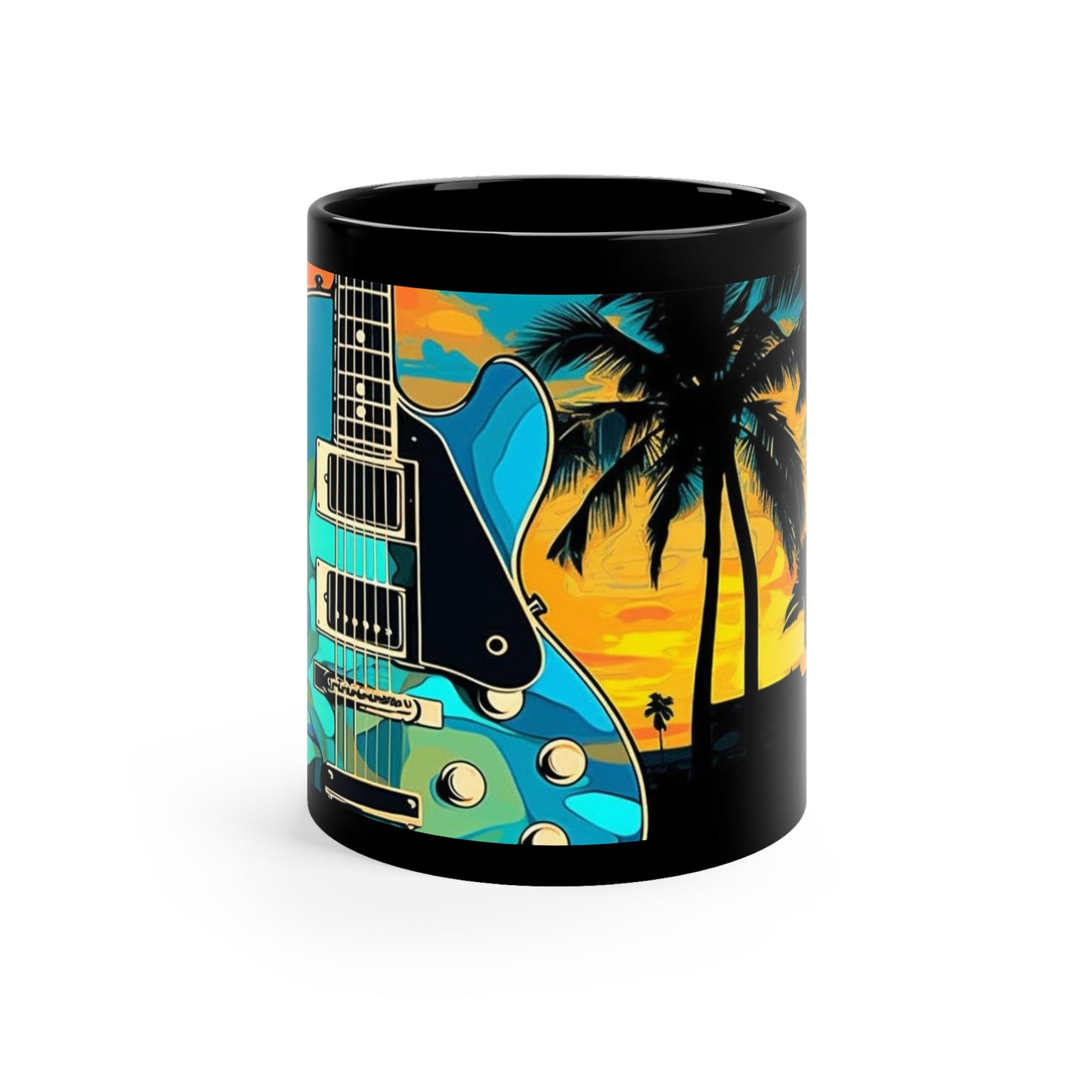 Tiki, Hawaiian Tropical blues guitar print on a Black Mug. gifts for everyone