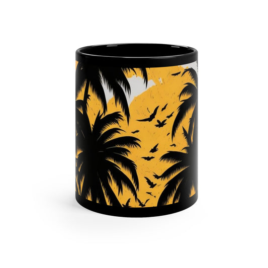 Black tropical print palm trees, yellow and white 11oz. Black Mug gifts for everyone