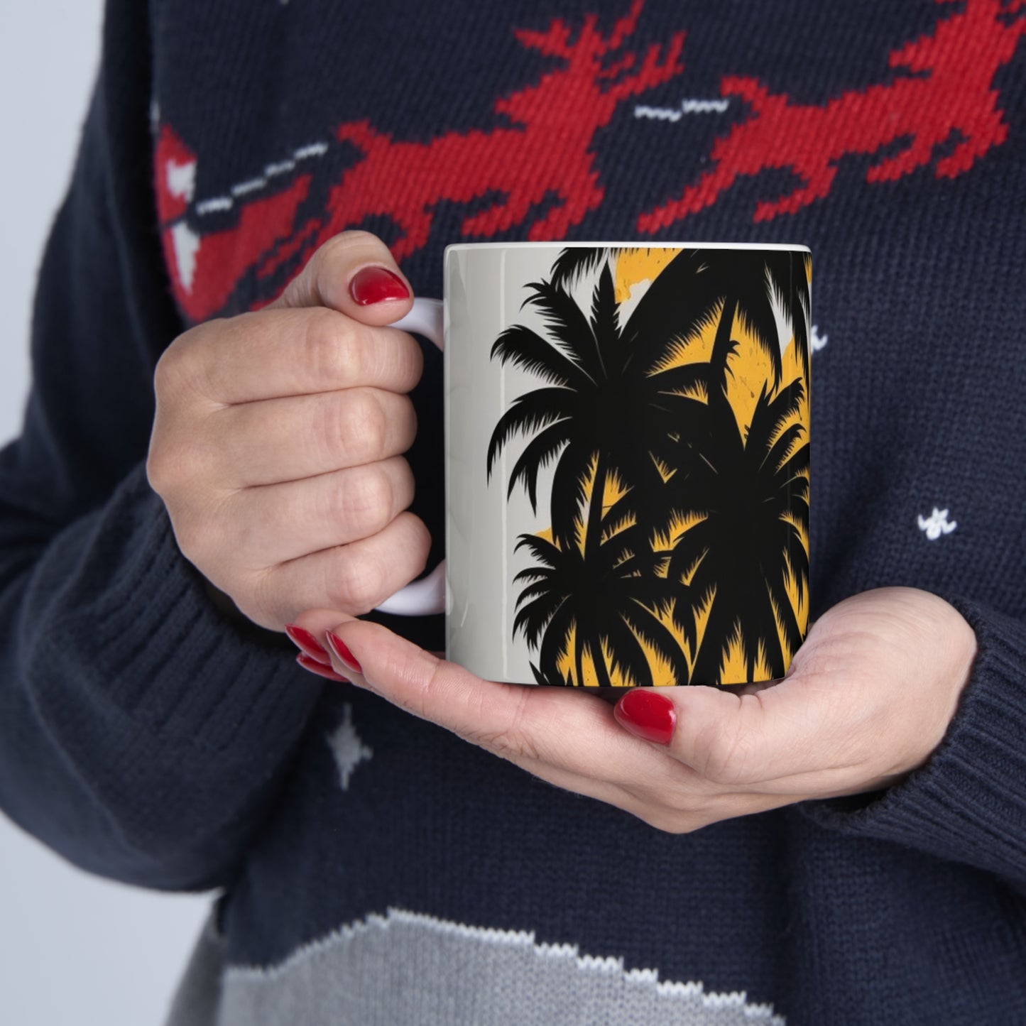 White tropical print, palm trees, yellow sun, Ceramic Mug 11oz perfect gift for everyone.