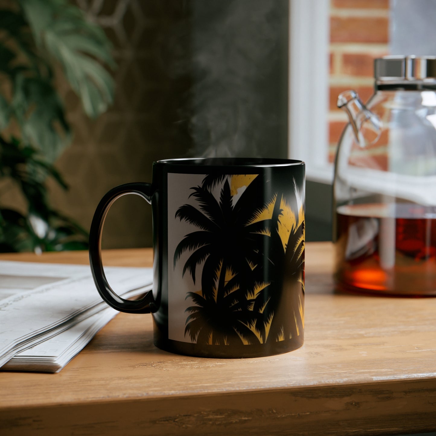 Black tropical print palm trees, yellow and white 11oz. Black Mug gifts for everyone