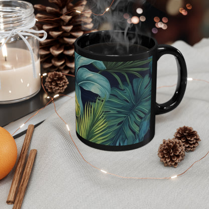 Tropical flowers, jungle print, teal, and gold, 11oz Black Mug perfect for gift or own enjoyment.