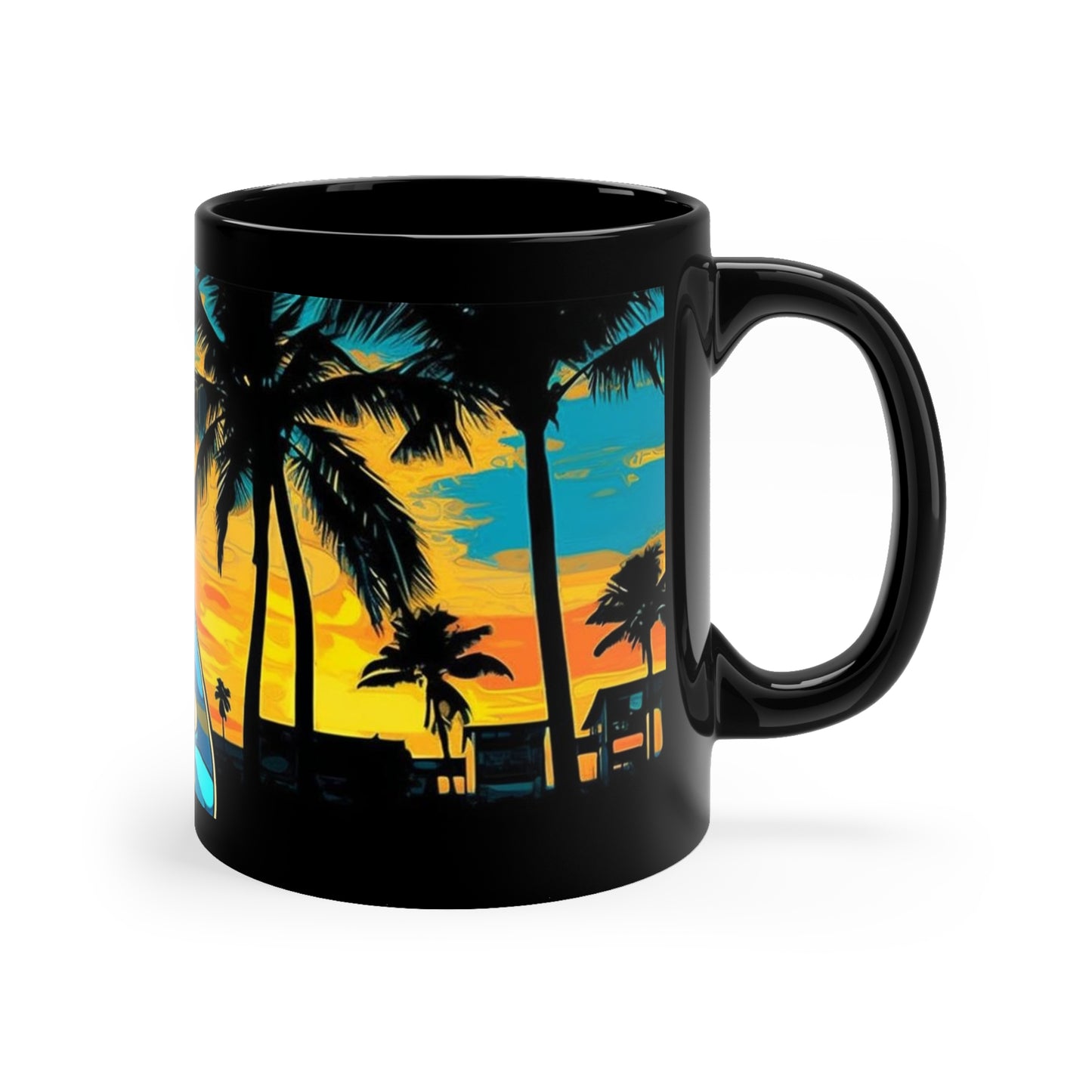 Tiki, Hawaiian Tropical blues guitar print on a Black Mug. gifts for everyone