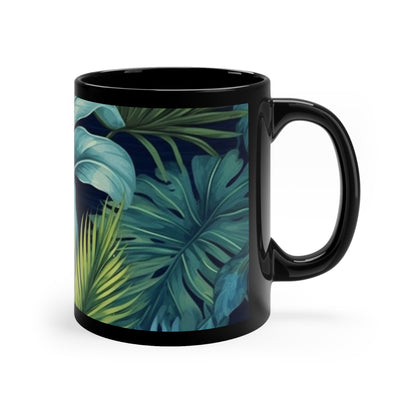 Tropical flowers, jungle print, teal, and gold, 11oz Black Mug perfect for gift or own enjoyment.