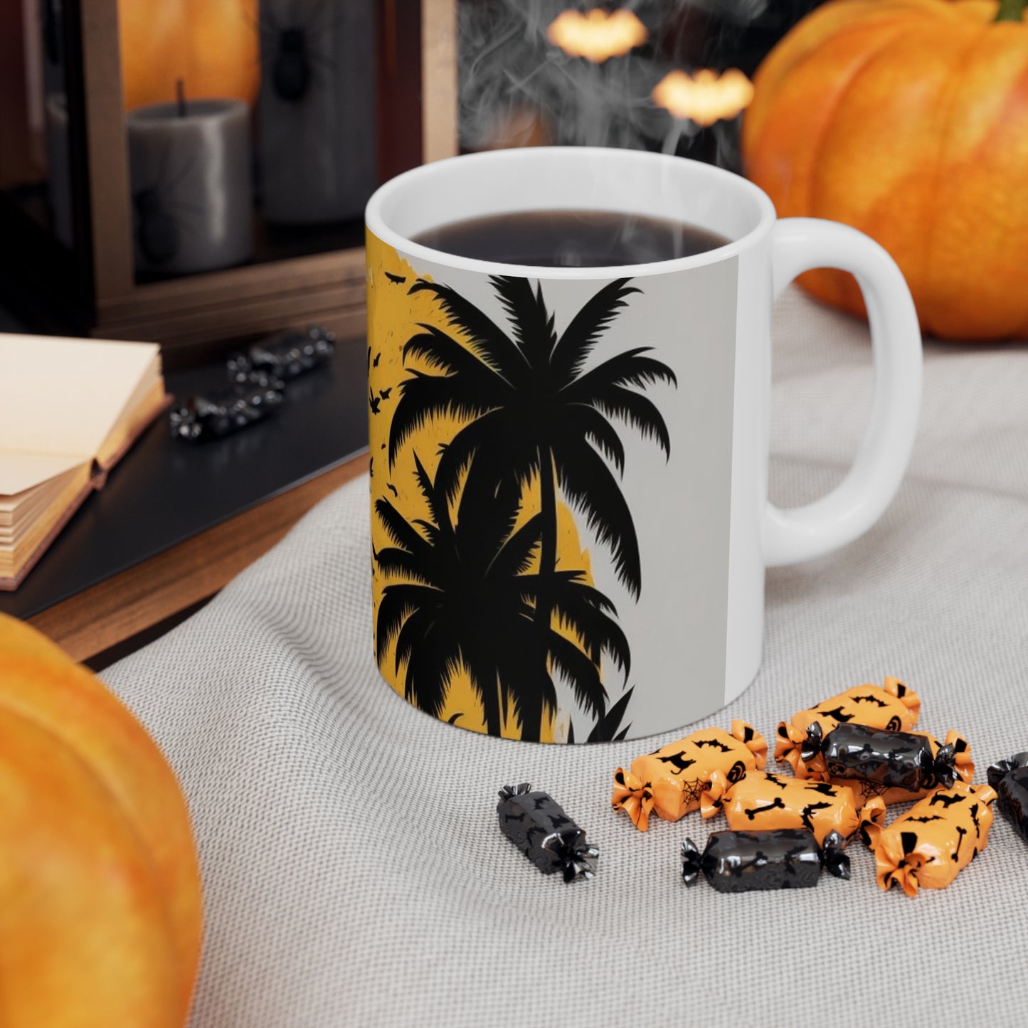 White tropical print, palm trees, yellow sun, Ceramic Mug 11oz perfect gift for everyone.