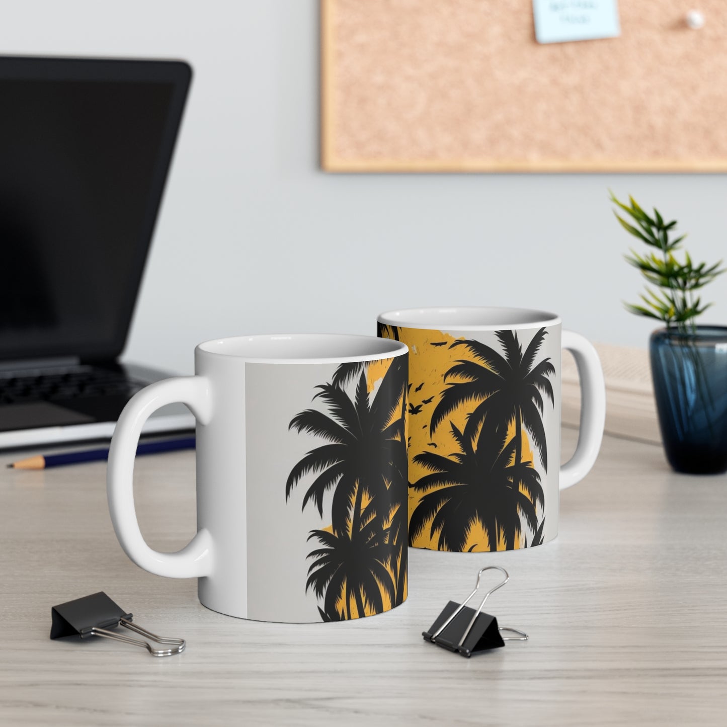 White tropical print, palm trees, yellow sun, Ceramic Mug 11oz perfect gift for everyone.